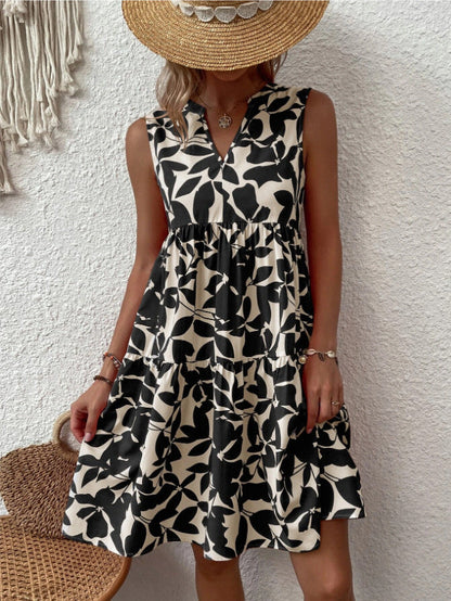 Women'S Bohemian Fashion Loose Vneck Pleated Print Dress For Women