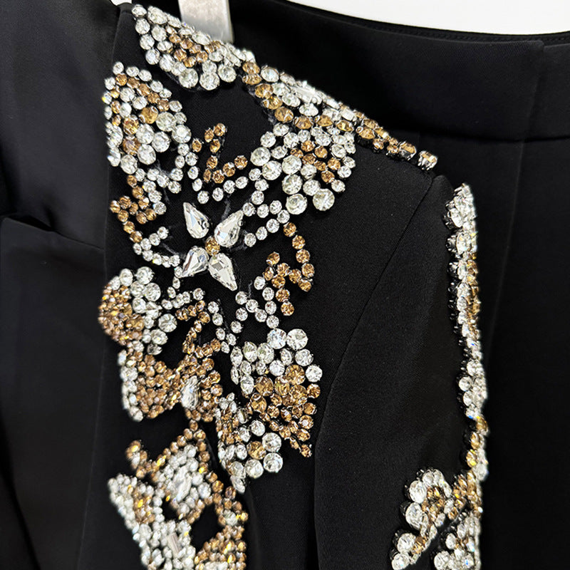 Trendy Black Blazer Suit Set With Sparkling Rhinestones