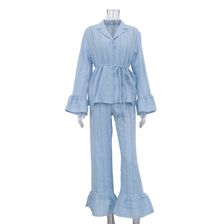 Casual Ruffled Shirt And Pant Set Cotton Long Sleeve
