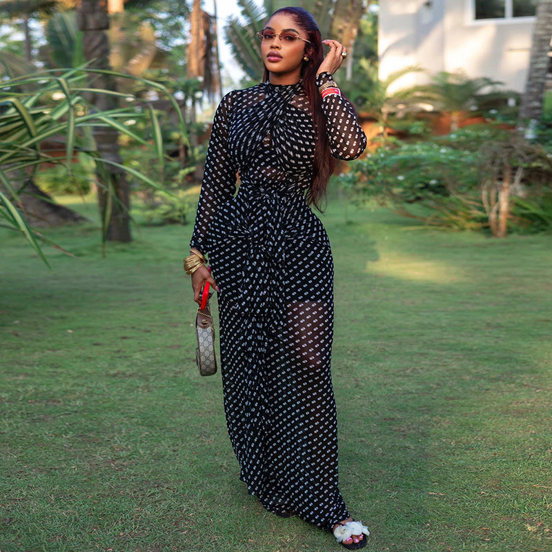 Trendy Polka Dot High Neck Long Sleeve Bodycon Dress