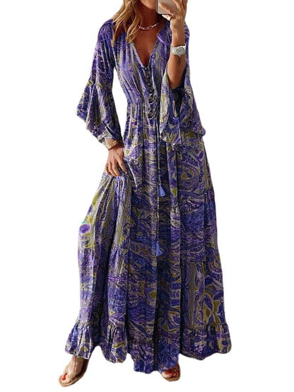 Bohemian Style Bell Sleeve Print V-Neck High-Waisted Resort Dress Floral Women'S Dress