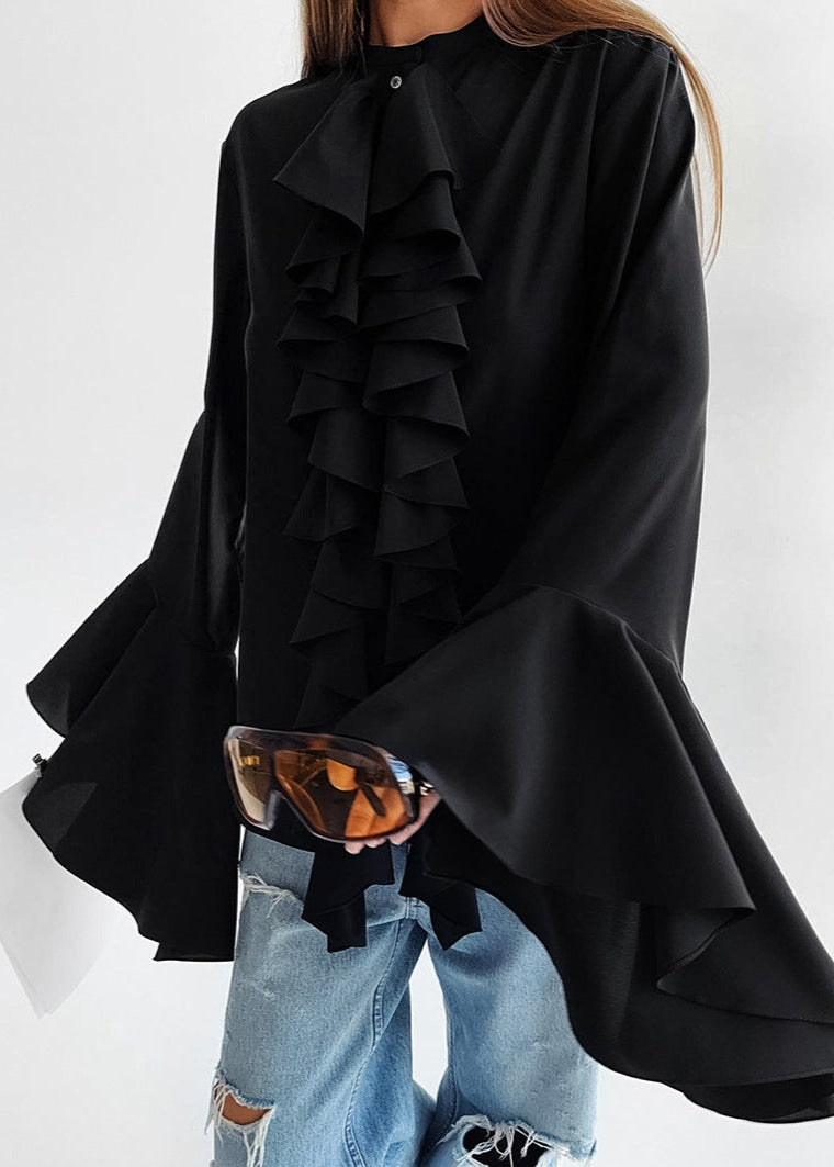 Ruffled Statement Blouse Flowing Black Fabric