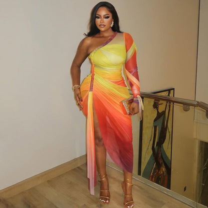 Trendy Color Block Asymmetrical Dress With Ruching
