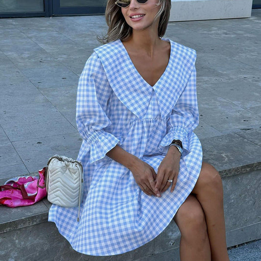 Blue Check Print Cotton A-Line Dress with Baby Doll Collar