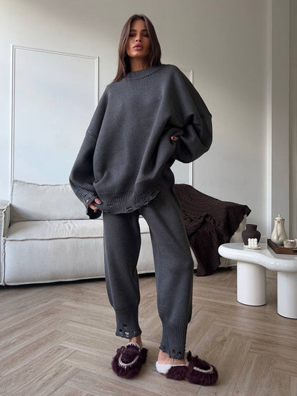 Ripped Sweater Set Women's Casual Knit Pants And Round Neck Sweater