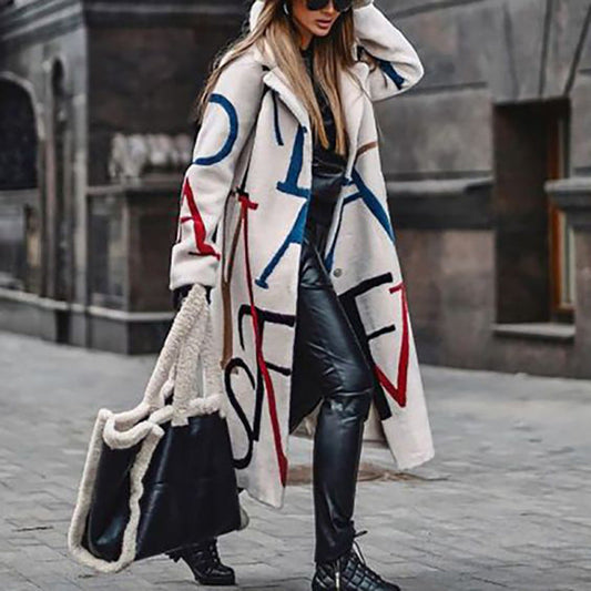 Coat Women'S Long Sleeve Lapel Letter Print Fashion Wool Thermal Coat