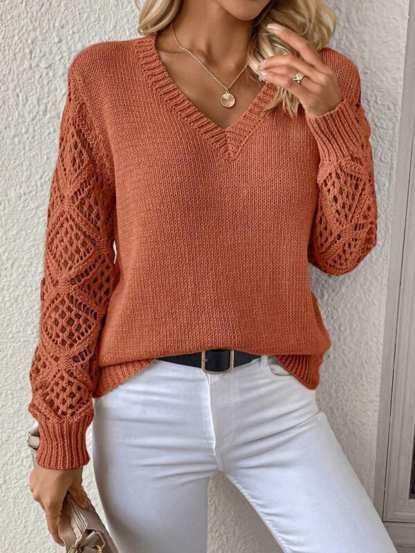 Spring And Autumn Knitted Sweater, Women'S Clothing Temperament V-Neck Hollow Long-Sleeved Solid Color Casual Top