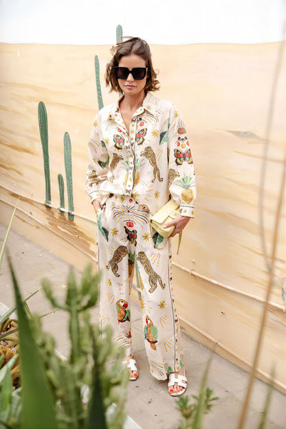 Fashionable Flair Printed Linen Long Sleeve Shirt Set