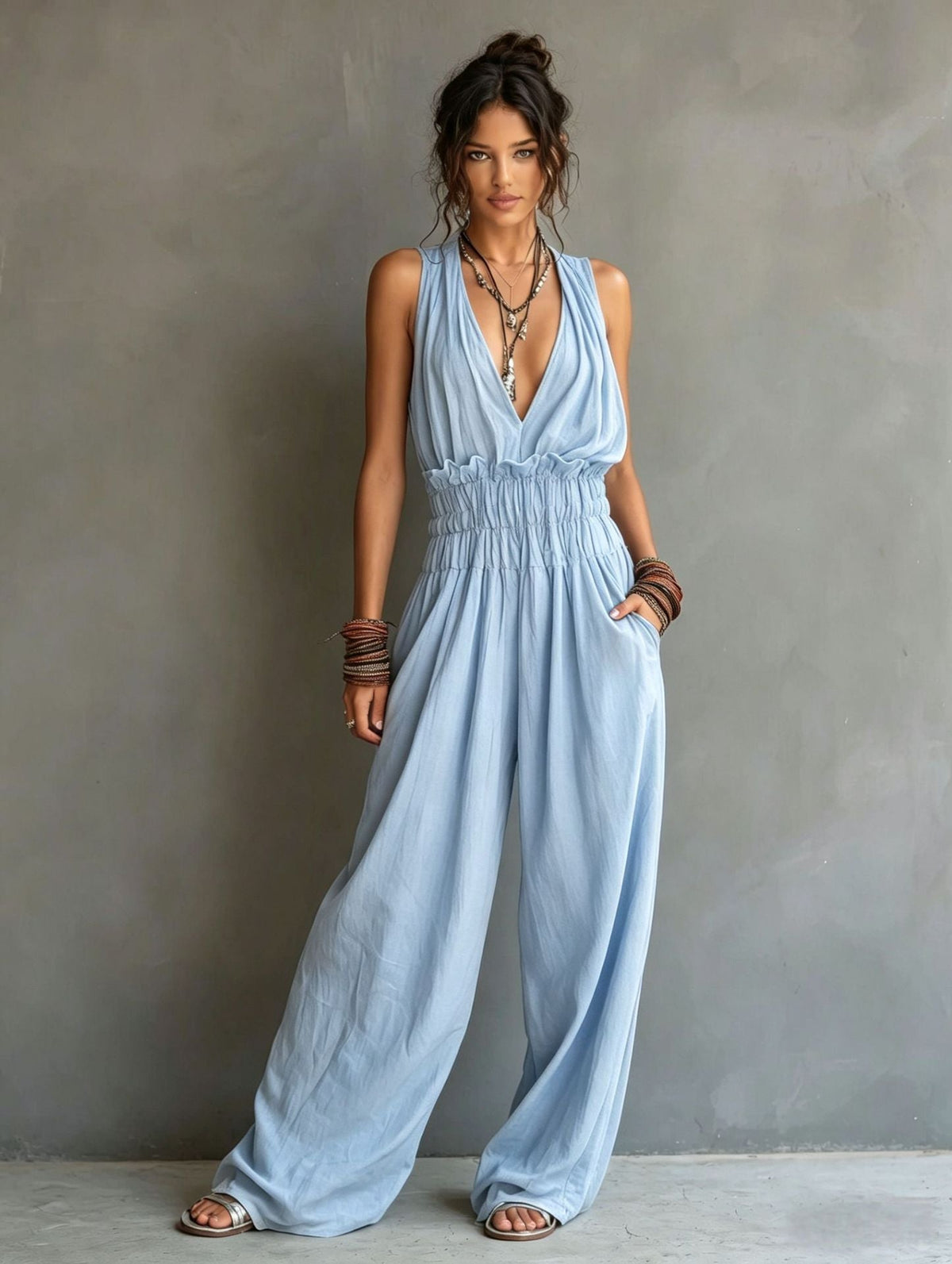 Halter Deep V Smocked Elastic Waist Wide Leg Palazzo Jumpsuit