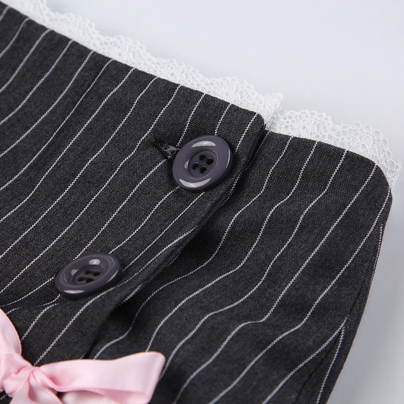 Striped Bow Lace Pleated Mini Skirt