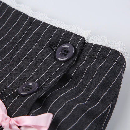 Striped Bow Lace Pleated Mini Skirt