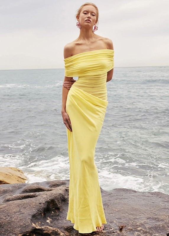 Off Shoulder Ruched Maxi Dress In Soft Stretch Fabric