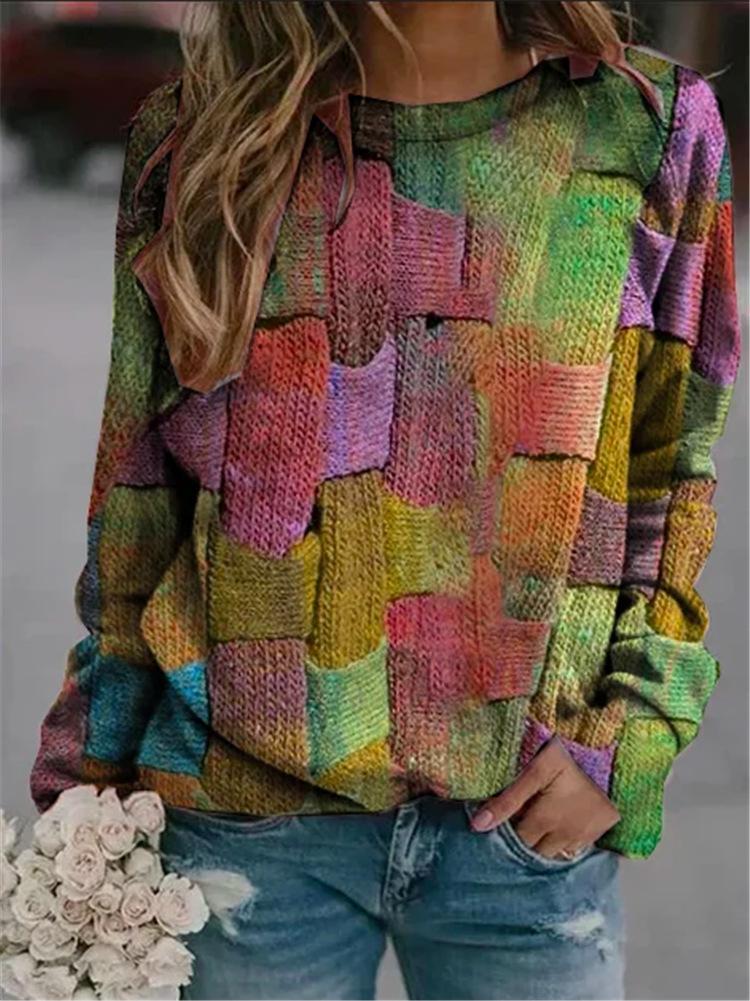 Long Sleeve Round Neck Printed Loose Pullover Sweater Women'S Clothing