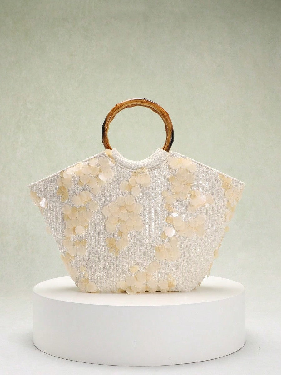 Elegant Floral Sequin Tote Bag With Bamboo Handle