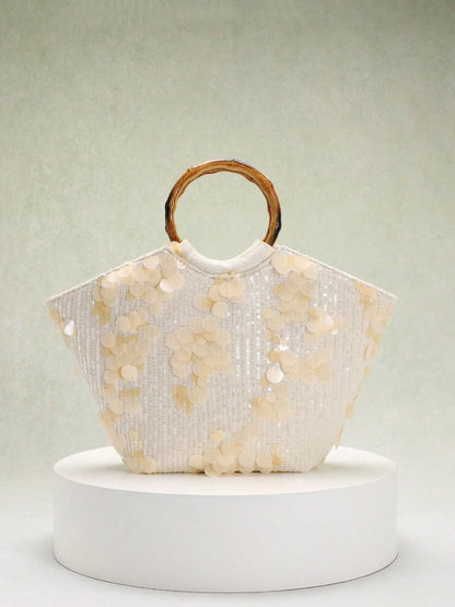 Elegant Floral Sequin Tote Bag With Bamboo Handle
