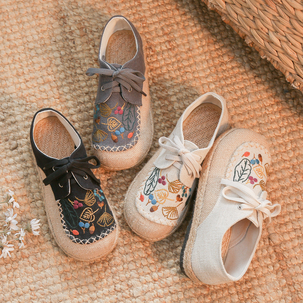 New Autumn Literary Linen Casual Shoes Women'S Ethnic Style Embroidered Lace Up Cotton Linen Cloth Shoes