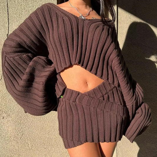 Spice Girl Short Loose Doll Sleeve Knit Sweater Sweater + Cross Knit Bag Hip Skirt Suit Women'S Autumn