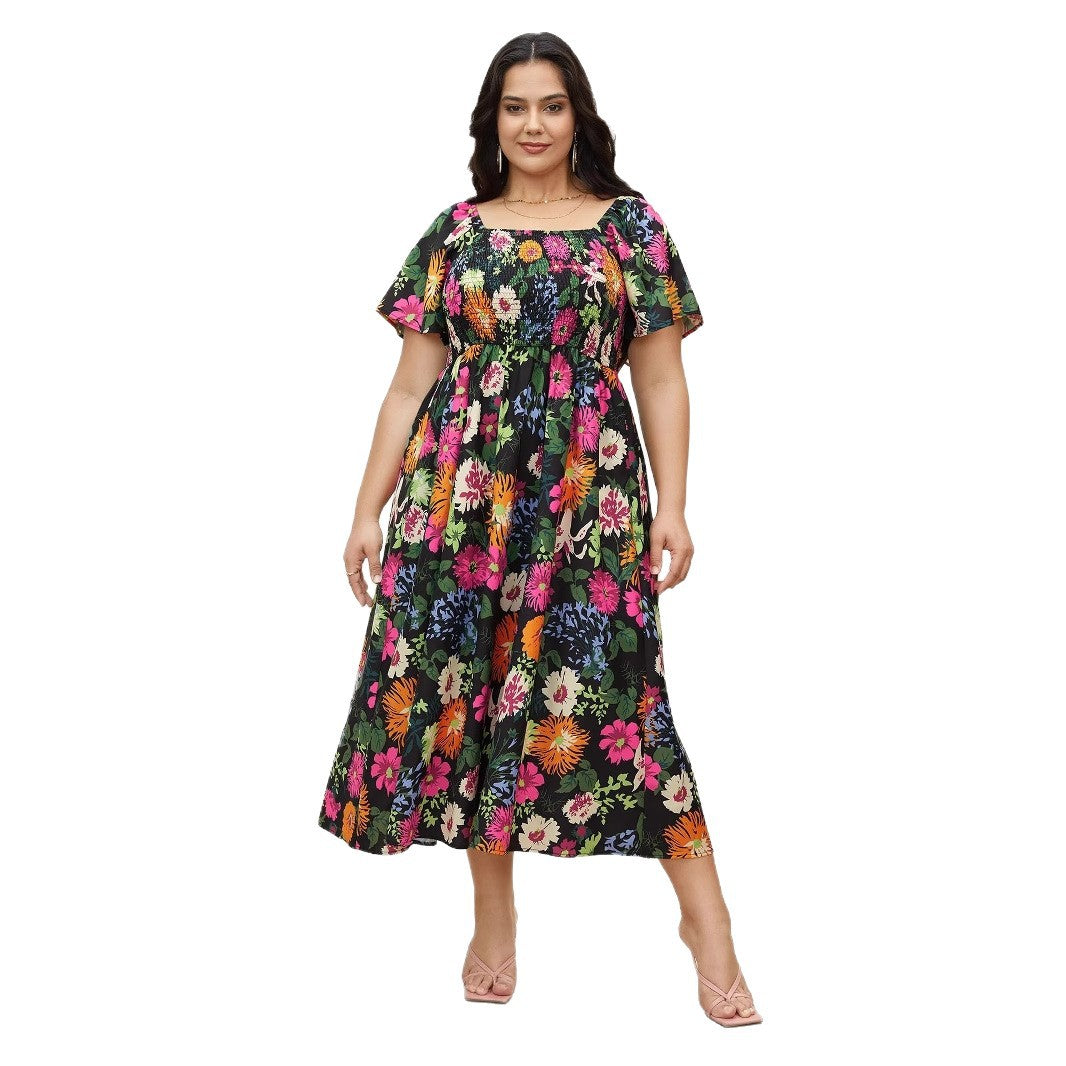 Plus Size A-Line Floral Maxi Dress With Square Neck