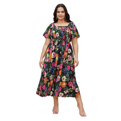 Plus Size A-Line Floral Maxi Dress With Square Neck