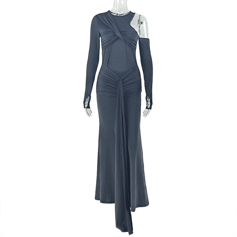 Elegant One-Shoulder Ruched Bodycon Dress In Solid Colors