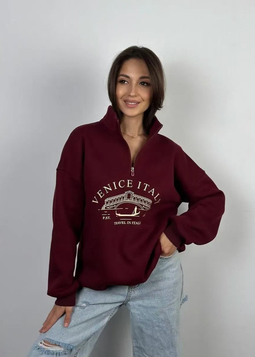 Quarter Zip Sweatshirt In Cozy Burgundy Fabric