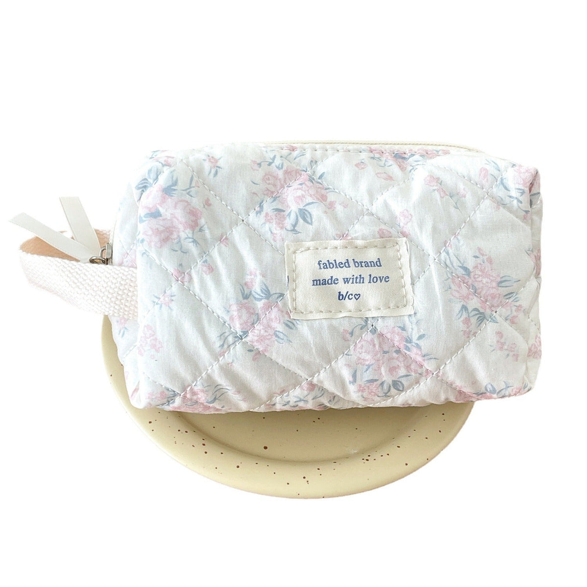 Cute Floral Print Wrist Makeup Bag with Cat Design