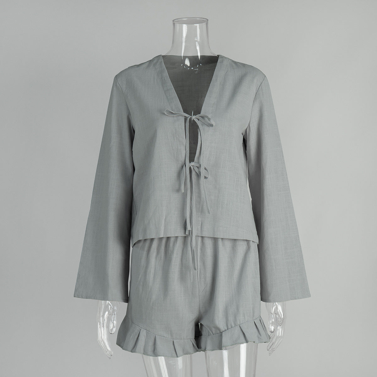 Cotton Tie-Front Cardigan And Shorts Set Casual Chic