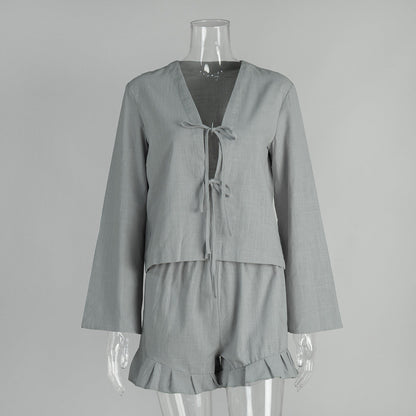 Cotton Tie-Front Cardigan And Shorts Set Casual Chic