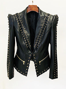 Stylish Black Pu Leather Blazer With Tie Waist