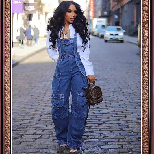 Loose Fit Denim Overalls With Pockets For Women