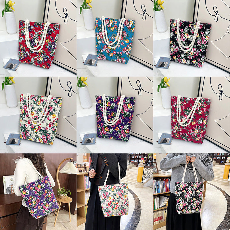 Trendy Floral Canvas Tote Bag Stylish Shoulder Bag