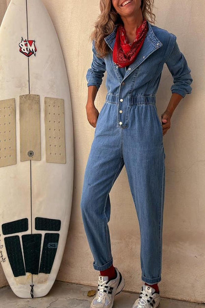 Trendy Pocket Denim Jumpsuit with Elastic Waist