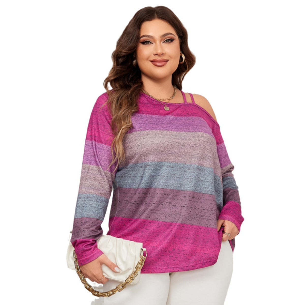 Off-Shoulder Loose Long Sleeve Shirt Color Block Top