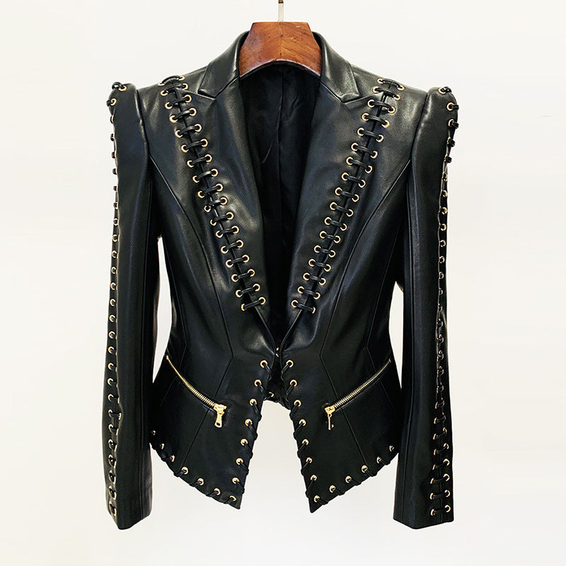 Stylish Black Pu Leather Blazer With Tie Waist