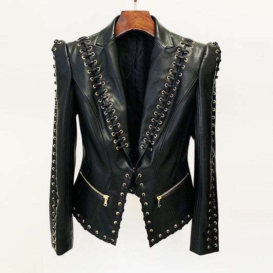 Stylish Black Pu Leather Blazer With Tie Waist