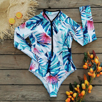 New Long Sleeve Surfing Suit One-Piece Swimsuit Women'S High Waist Swimsuit