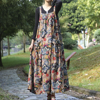 Spring And Autumn Ethnic Style Printed Cotton Hemp Strap Dress Loose Swing Large Pocket Long Dress