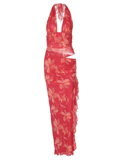 Sexy Deep V Neckline Flare Dress with Ruffle Hem