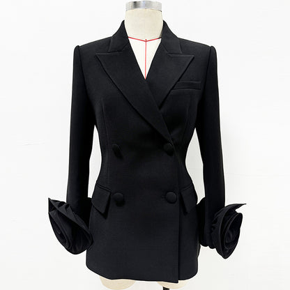 Stylish Double-Breasted Floral Embellished Blazer Jacket