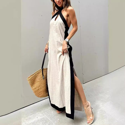 Summer Cotton Linen Backless Halter Dress for Women