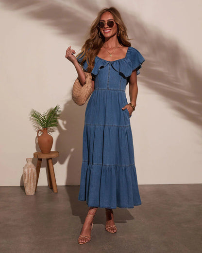 Casual Flounce Sleeve Denim Dress