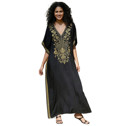 New Black Cotton Gold Thread Embroidered Beach Blouse Robe-Style Embroidered Vacation Bikini Blouse