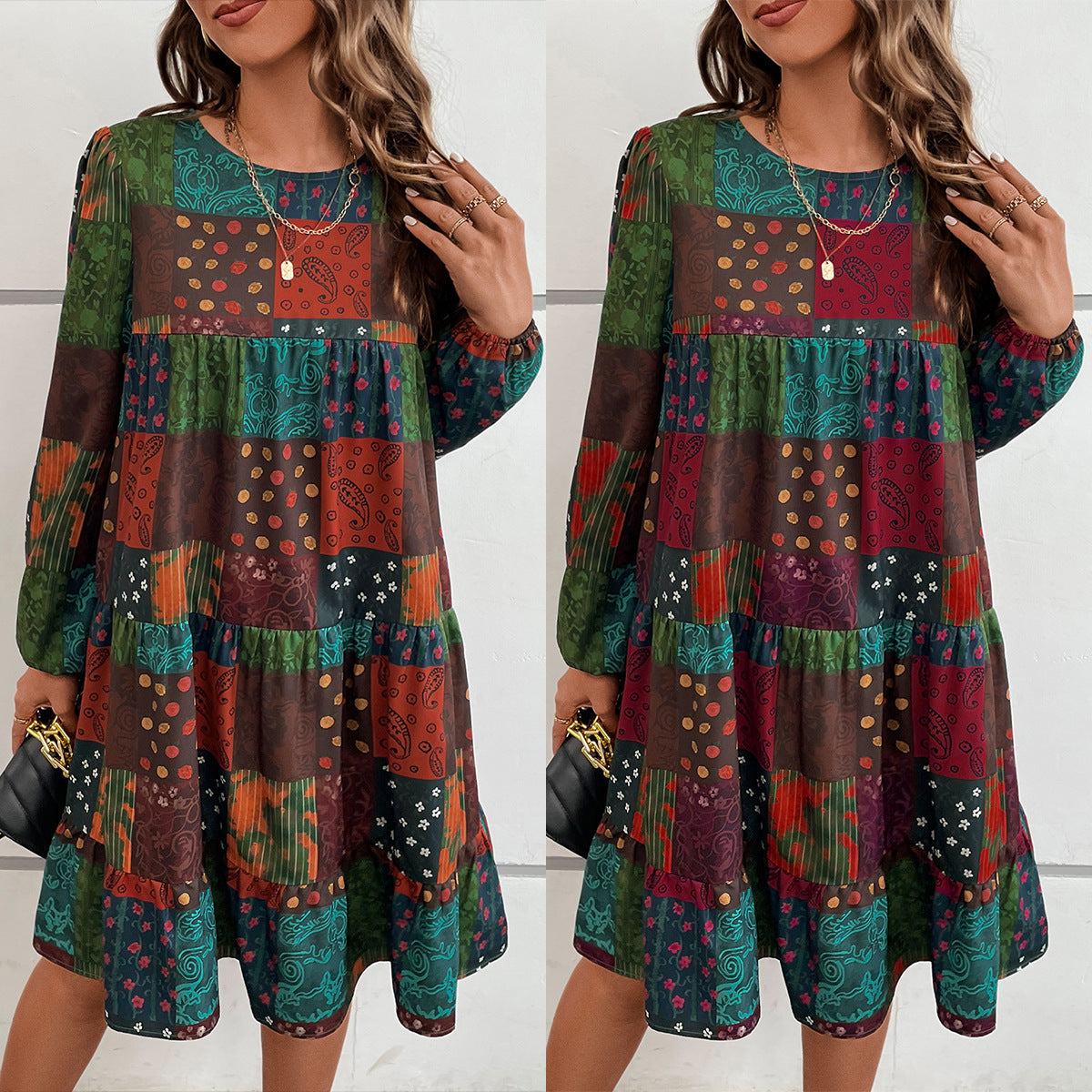 Women'S Round Neck Fashion Casual Long-Sleeved A-Print Dress