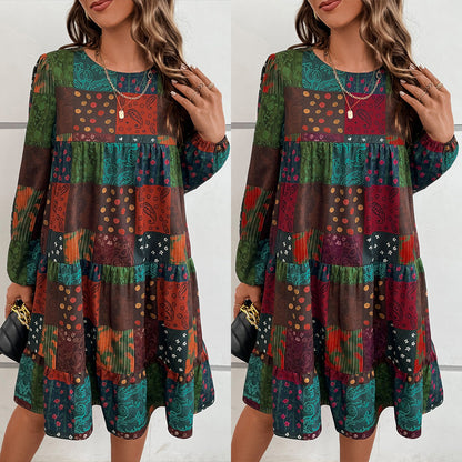 Women'S Round Neck Fashion Casual Long-Sleeved A-Print Dress