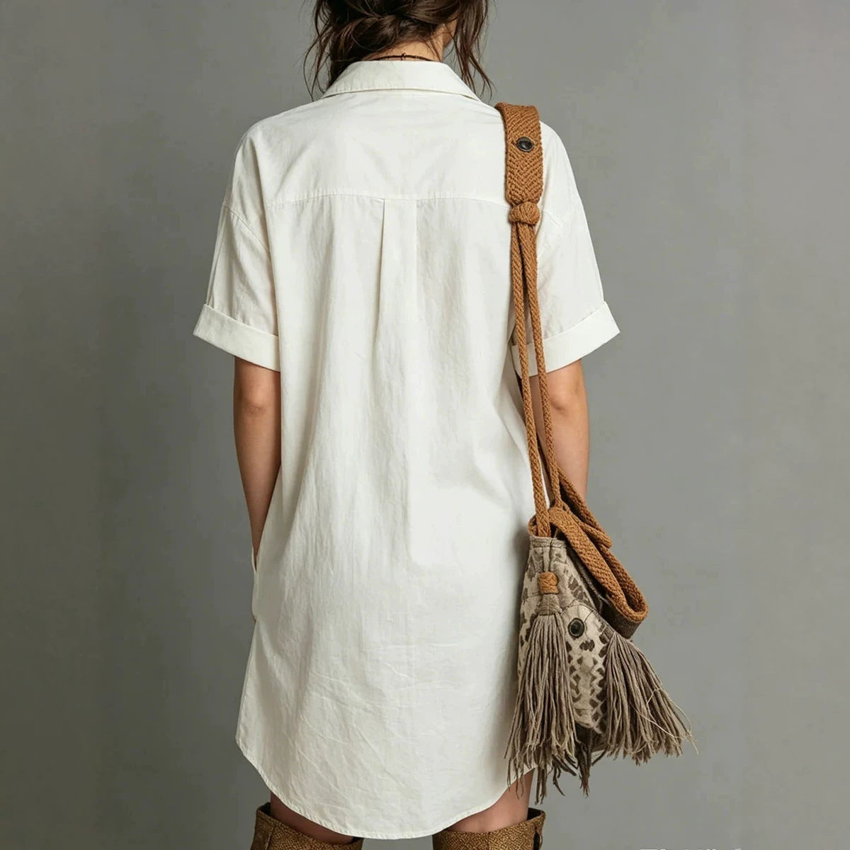 Oversized Short Sleeve Button Down Shirt Mini Dress with Pockets
