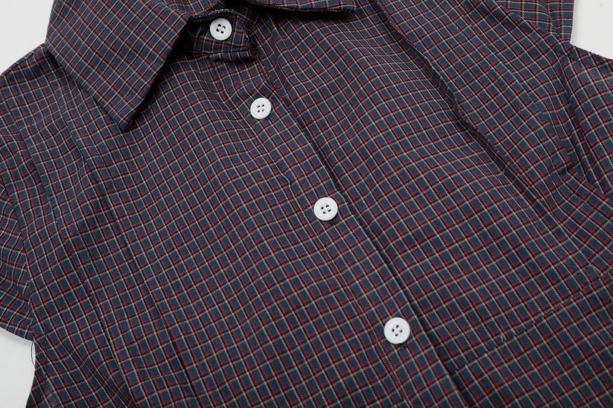 Vintage Lapel Collar Plaid Short Sleeve Top