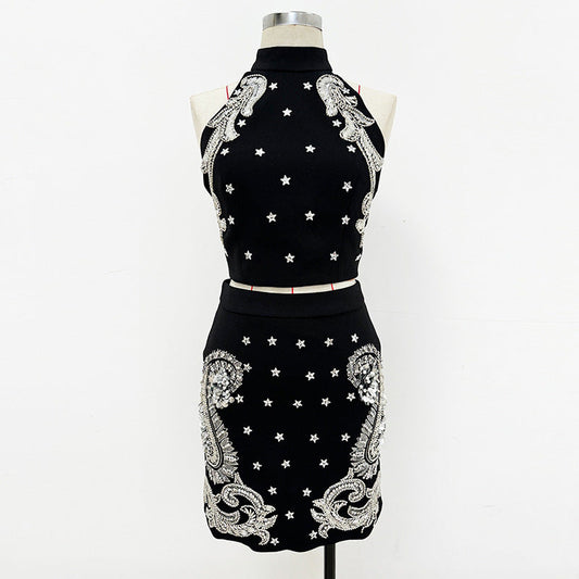 Beaded Sequin Halter Top Skirt Set