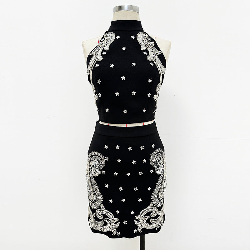 Fashionable Beaded Cami Top And Mini Skirt Set