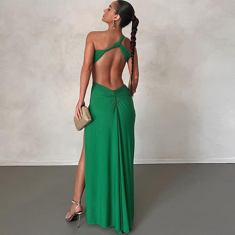Asymmetrical One-Shoulder Dress Elegant Backless Long Gown