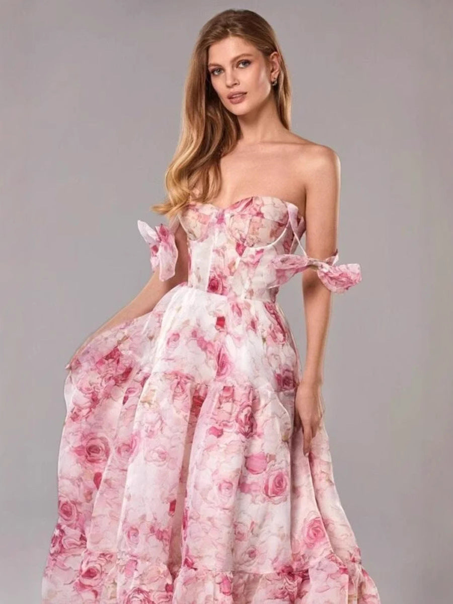 Elegant Sheer Off-Shoulder Dress With 3D Floral Design